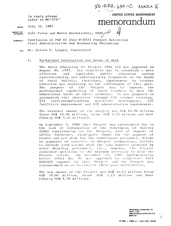Conclusion of PER II (511-V-057) project activities : final administrative and accounting evaluation