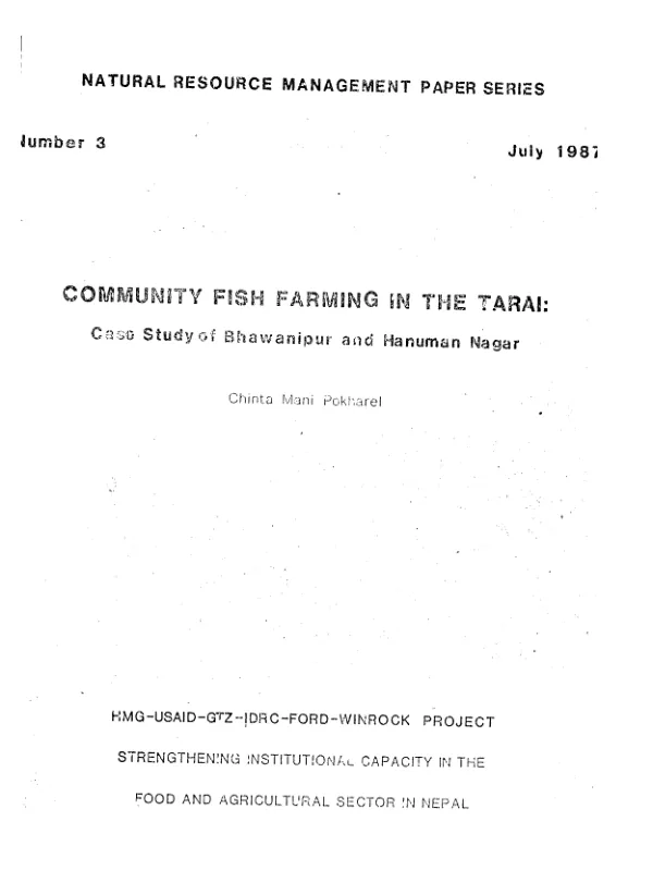 Community fish farming in the Tarai : case study of Bhawanipur and Hanuman Nagar