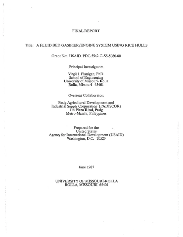 Final report : a fluid bed gasifier/engine system using rice hulls