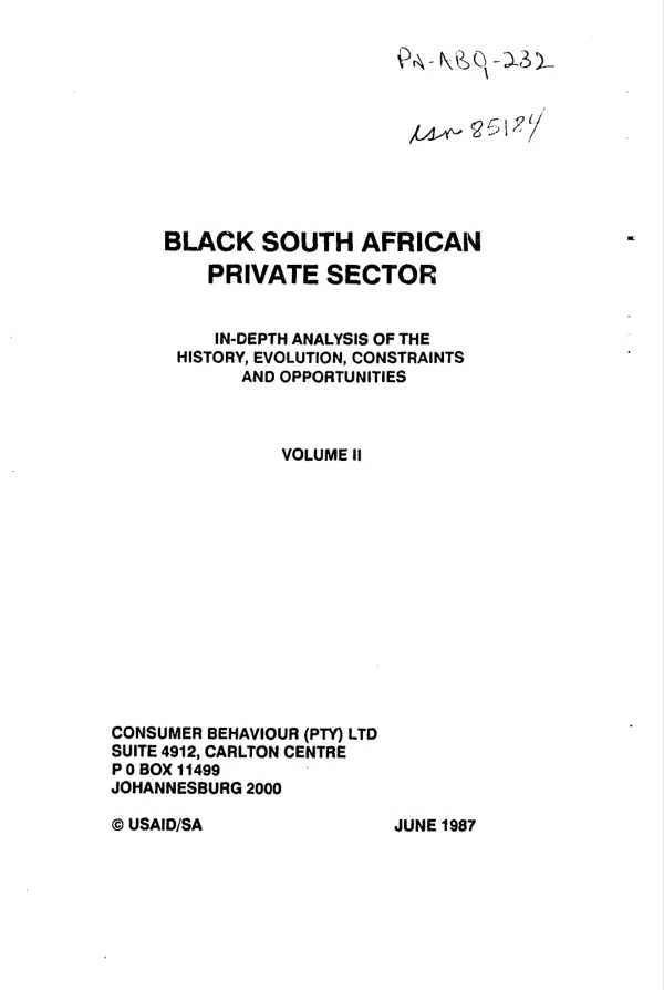 Black South African private sector : in-depth analysis of the history, evolution, constraints and opportunities