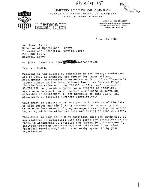 AID grant no. 615-0238-G-00-7022-00 to the International Executive Service Corps for a program of technical assistance to small, modern sector businesses in Kenya