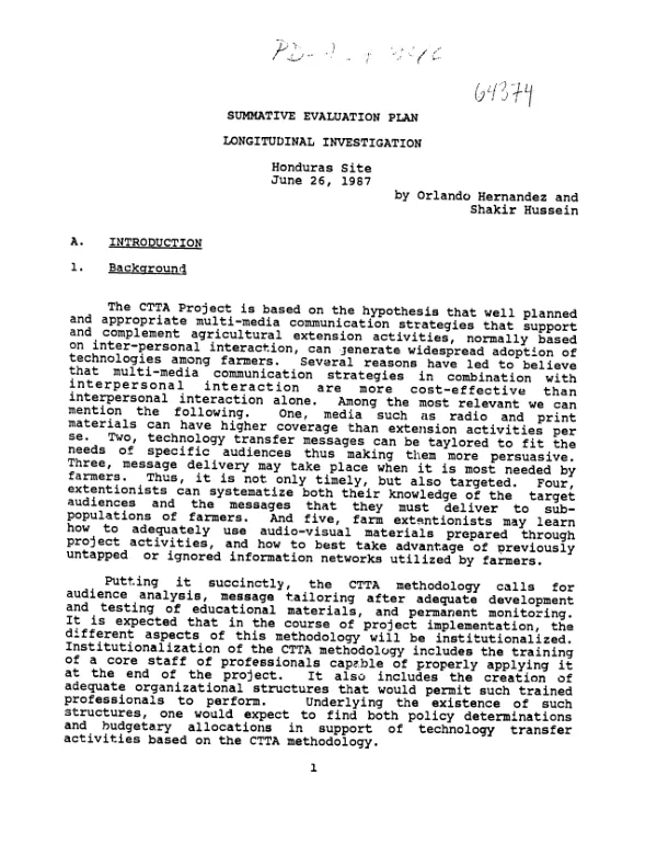 Summative evaluation plan : longitudinal investigation, Honduras site