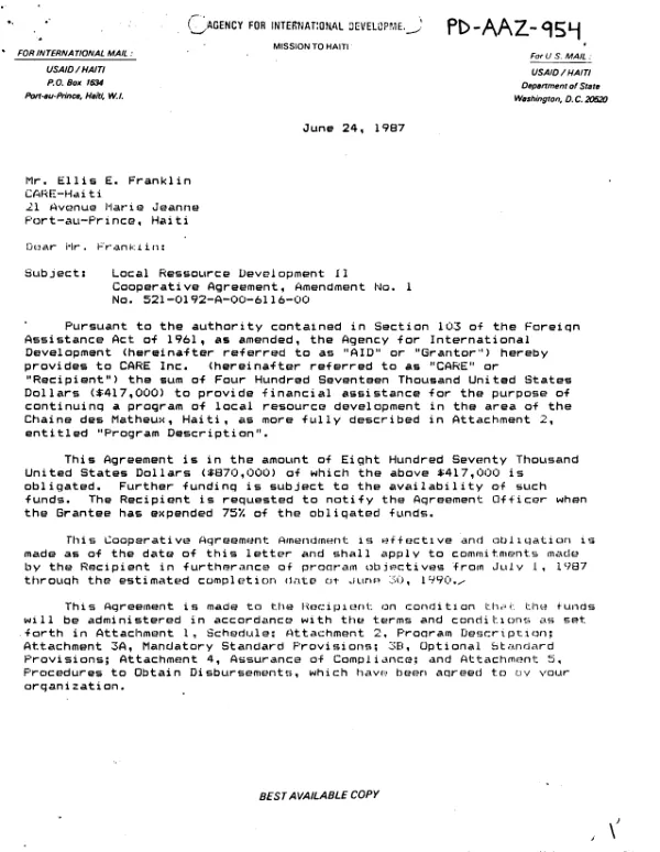 AID cooperative agreement no. 521-0192-A-00-6116-00, amendment no. 1 for CARE Haiti for local resource development