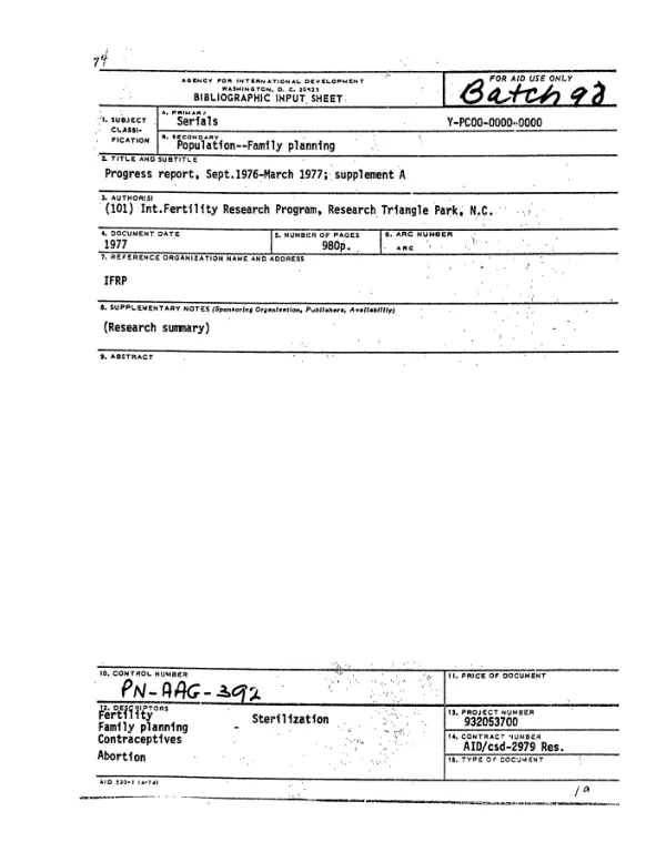 PROGRESS REPORT, SEPT. 1976-MARCH 1977; SUPPLEMENT A