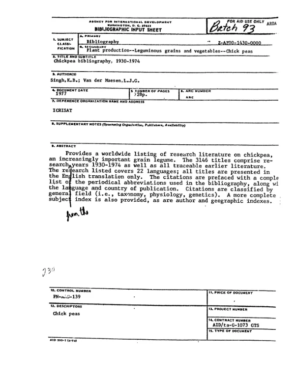CHICKPEA BIBLIOGRAPHY, 1930-1974