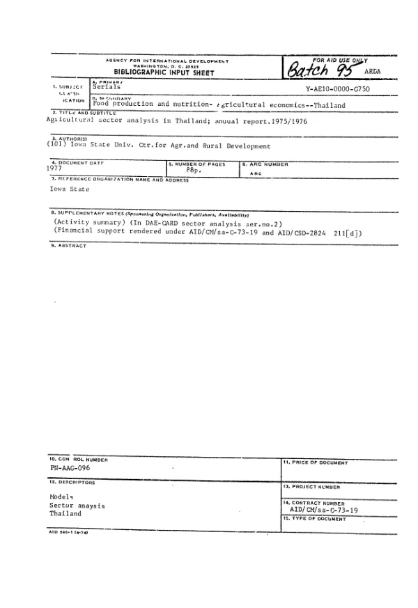 AGRICULTURAL SECTOR ANALYSIS IN THAILAND; ANNUAL REPORT, 1975/1976