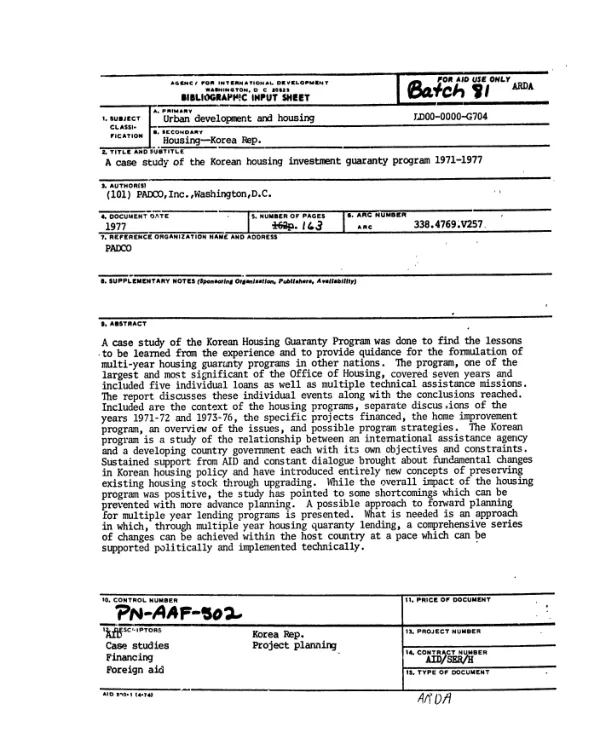 CASE STUDY OF THE KOREAN HOUSING INVESTMENT GUARANTY PROGRAM 1971-1977