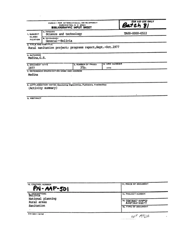 RURAL SANITATION PROJECT; PROGRESS REPORT, SEPT.-OCT. 1977