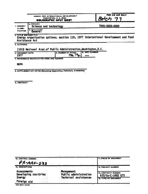 Energy organization options; section 119, 1977 international development and food assistance act