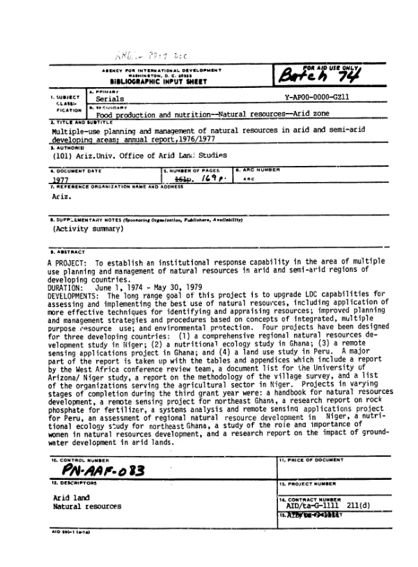Multiple - use planning and management of natural resources in arid and semi-arid developing areas; annual report, 1976/1977