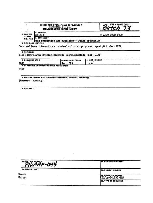 Corn and bean interactions in mixed culture; progress report, Oct.-Dec. 1977