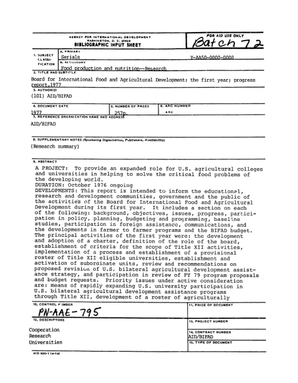 Board for international food and agricultural development : the first year, progress report, 1977