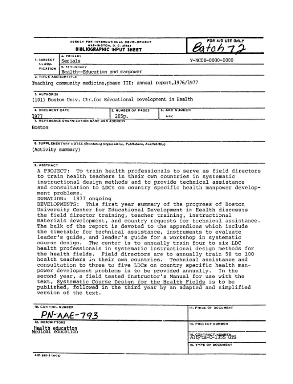 Teaching community medicine, phase III; annual report, 1976/1977