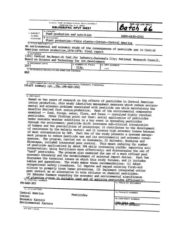 Environmental and economic study of the consequences of pesticide use in Central American cotton production, 1974-1976; final report