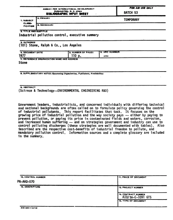 Industrial pollution control, executive summary