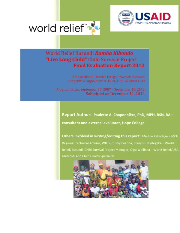 World Relief Burundi Ramba Kibondo 'Live Long Child' child survival project : final evaluation report 2012