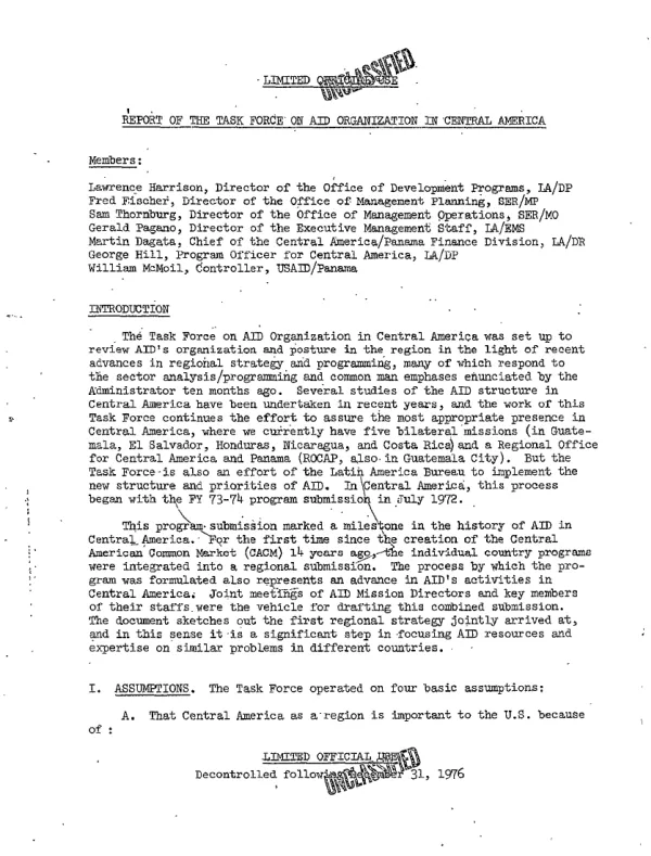 Report of the Task Force on AID Organization in Central America