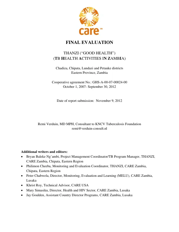 Final evaluation : THANZI ("good health") (TB health activities in Zambia)