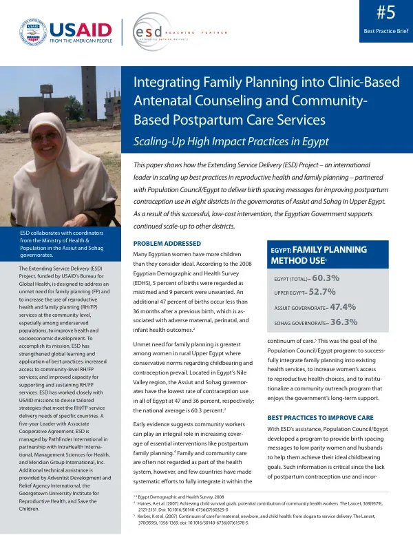 Integrating family planning into clinic-based antenatal counseling and community based postpartum care services : scaling-up high impact practices in Egypt