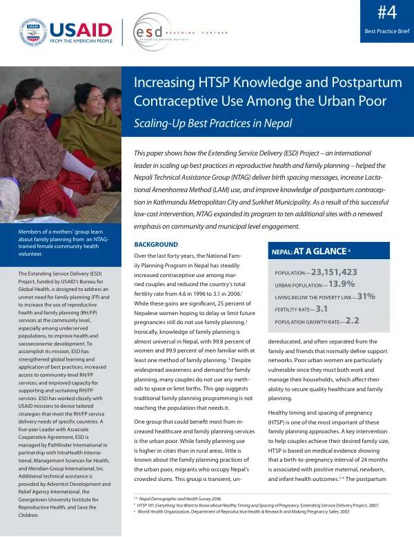 Increasing HTSP knowledge and postpartum contraceptive use among the urban poor : scaling-up best practices in Nepal