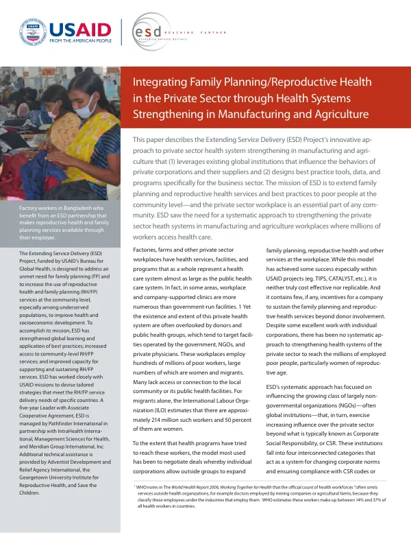 Integrating family planning/reproductive health in the private sector through health systems strengthening in manufacturing and agriculture