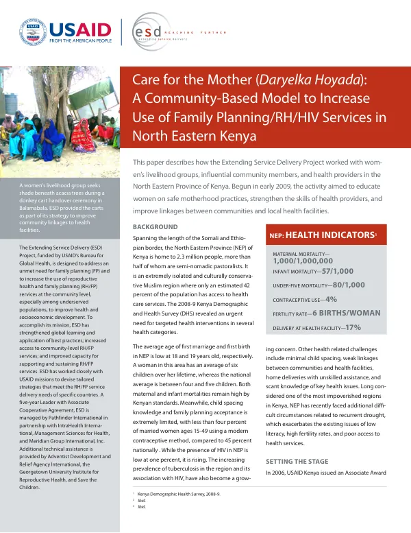 Care for the mother (Daryelka Hoyada) : a community-based model to increase use of family planning/RH/HIV services in North Eastern Kenya