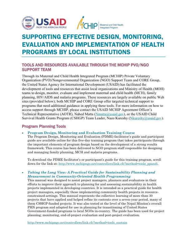 Supporting effective design, monitoring, evaluation and implementation of health programs by local institutions