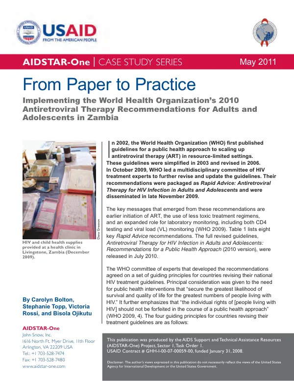 From paper to practice : implementing the World Health Organization"s 2010 antiretroviral therapy recommendations for adults and adolescents in Zambia