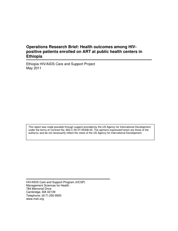 Operations research brief : health outcomes among HIV positive patients enrolled on ART at public health centers in Ethiopia