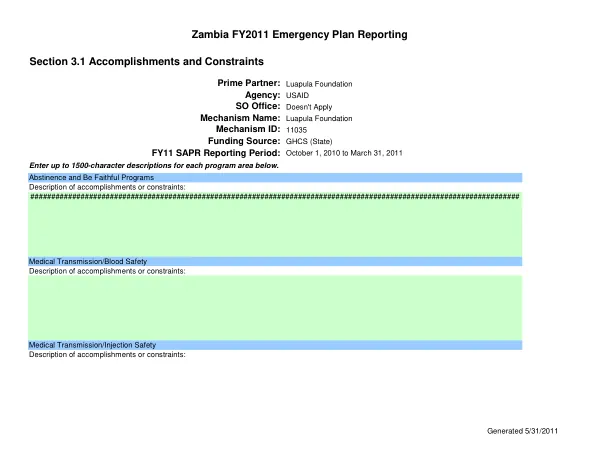 Zambia FY2011 emergency plan reporting