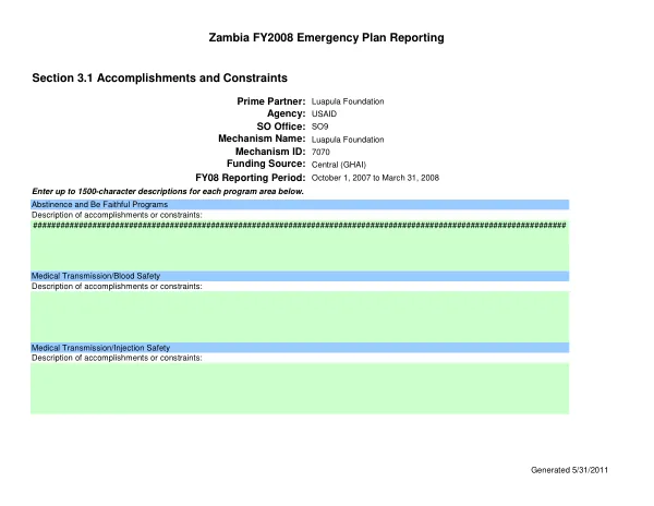 Zambia FY2008 emergency plan reporting