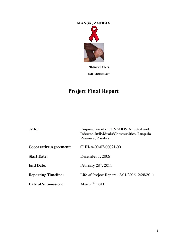 Project final report : empowermen of HIV/AIDS affected and infected individuals/communities, Luapula Province, Zambia