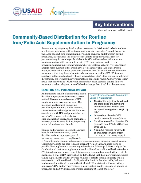 Community-based distribution for routine iron/folic acid supplementation in pregnancy