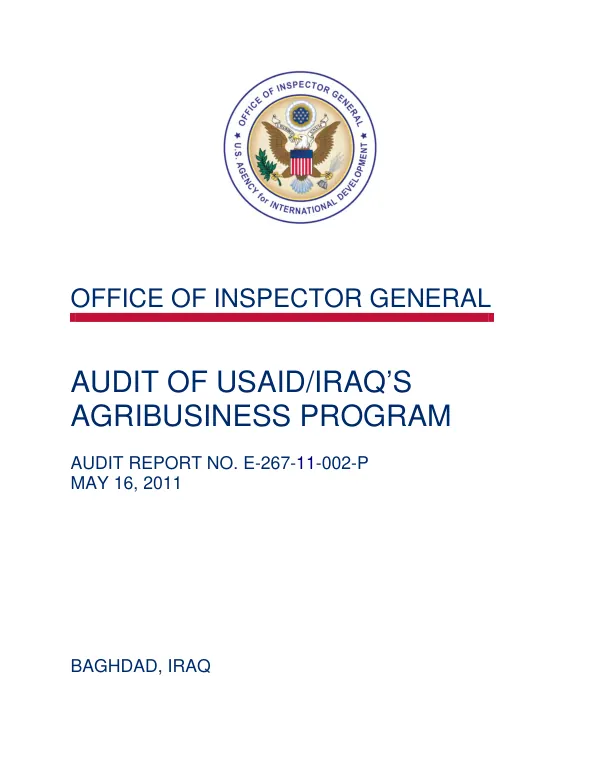 Audit of USAID/Iraq"s agribusiness program