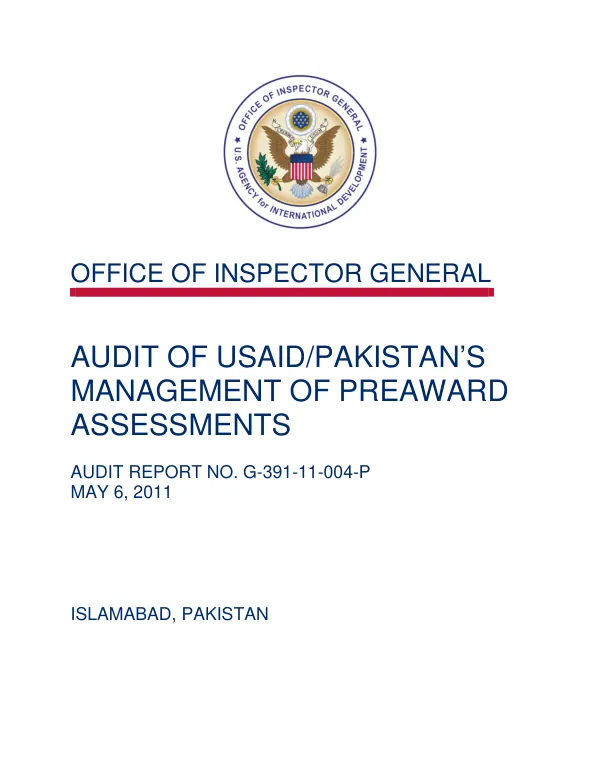 Audit of USAID/Pakistan"s management of preaward assessments