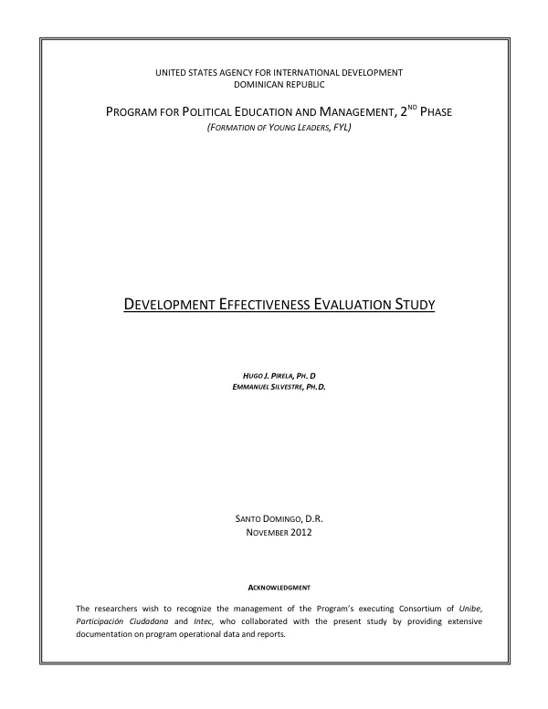 Development effectiveness evaluation study : program for political education and management, 2nd phase (formation of young leaders, FYL))