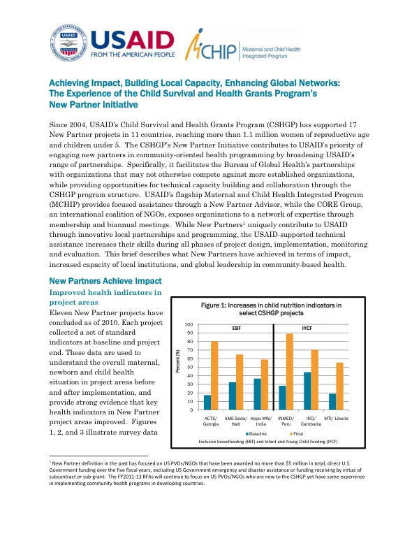 Achieving impact, building local capacity, enhancing global networks : the experience of the child survival and health grants program"s new partner initiative