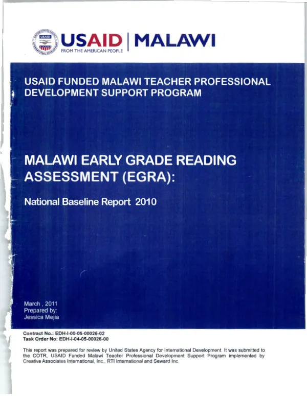 Malawi early grade reading assessment (EGRA) national baseline report 2010