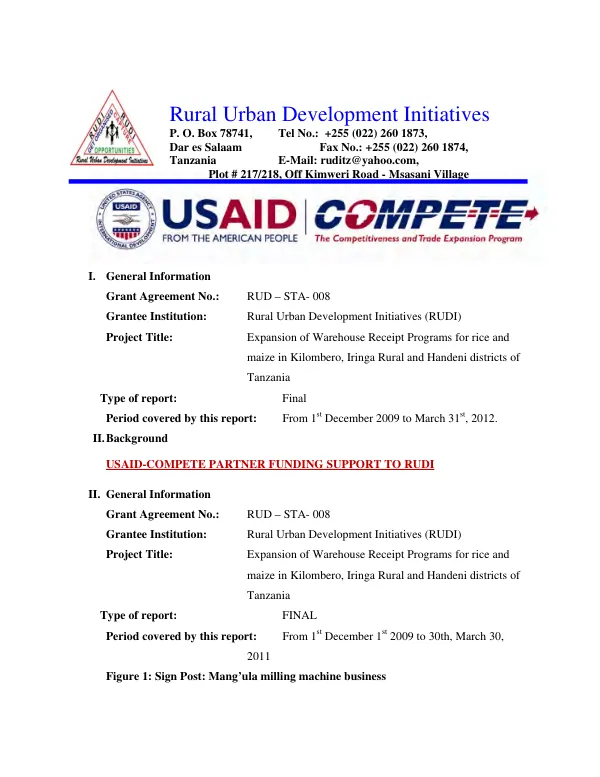 Expansion of warehouse receipt programs for rice and maize in Kilombero, Iringa Rural and Handeni districts of Tanzania : final report : 1st December 2009 to March 31st, 2012