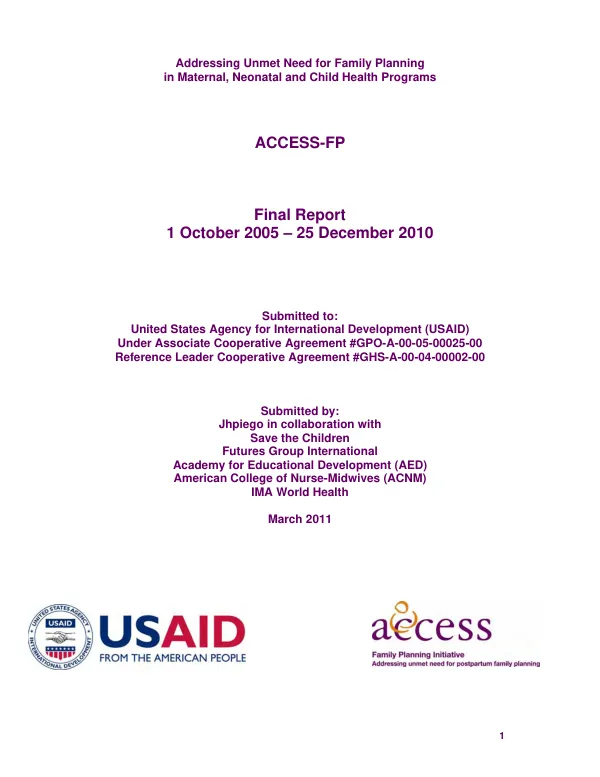 Addressing unmet need for family planning in maternal, neonatal and child health programs : ACCESS-FP -- final report, 1 October 2005-25 December 2010