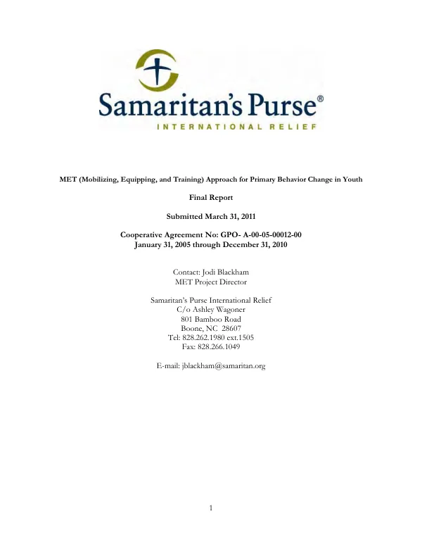MET (Mobilizing, equipping, and training) approach for primary behavior change in youth : final report -- January 31, 2005 through December 31, 2010