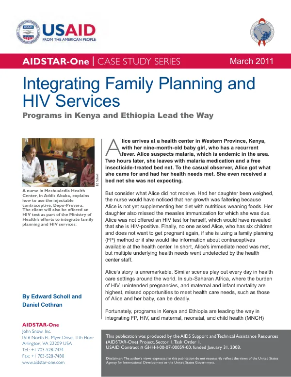 Integrating family planing and HIV services : programs in Kenya and Ethiopia lead the way