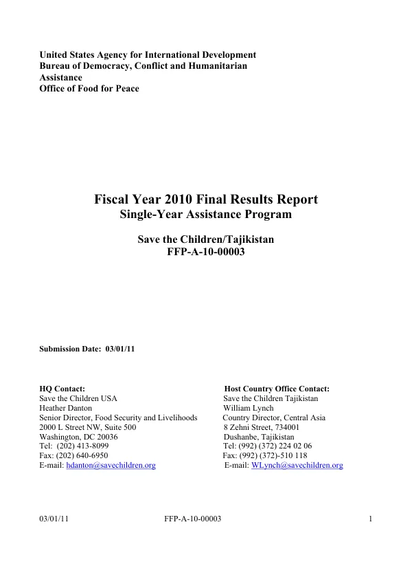 Fiscal year 2010 final results report : single-year assistance program