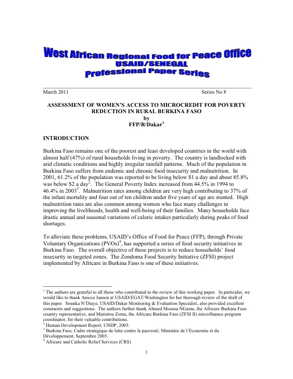 Assessment of women"s access to microcredit for poverty reduction in rural Burkina Faso