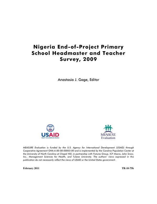 Nigeria end-of-project primary school headmaster and teacher survey, 2009