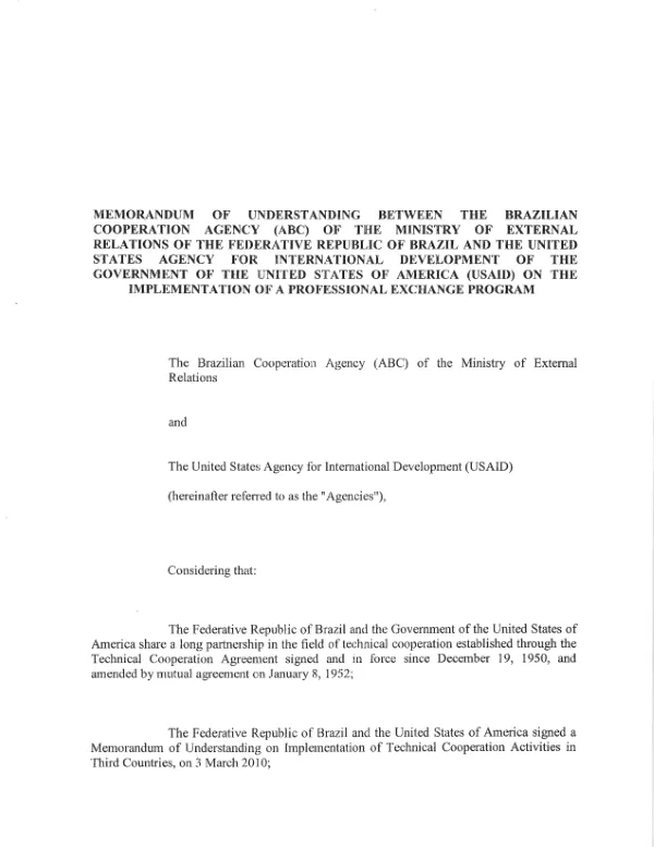 Memorandum of understanding between the Brazilian Cooperation Agency (ABC) of the Ministry of External Relations of the Federative Republic Of Brazil and the United States Agency for International Development of the Government of the United States of America (USAID) on the implementation of a professional exchange program