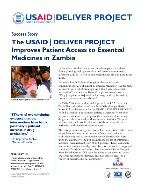 Success story : The USAID | deliver project -- improved patient access to essential medicines in Zambia