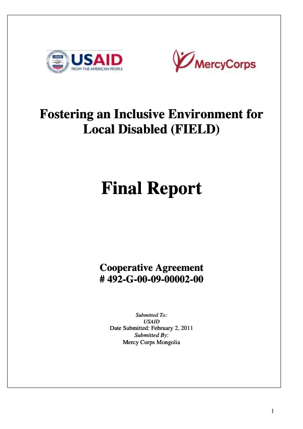 Fostering an inclusive environment for local disabled (FIELD) : final report : cooperative agreement # 492-G-00-09-00002-00
