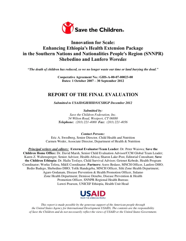 Innovation for scale : enhancing Ethiopia's health extension package in the Southern Nations and Nationalities People's Region (SNNPR) Shebedino and Lanfero Woredas : Cooperative Agreement No.: GHS-A-00-07-00023, 1 October 2007-30 September 2012 : report of the final evaluation
