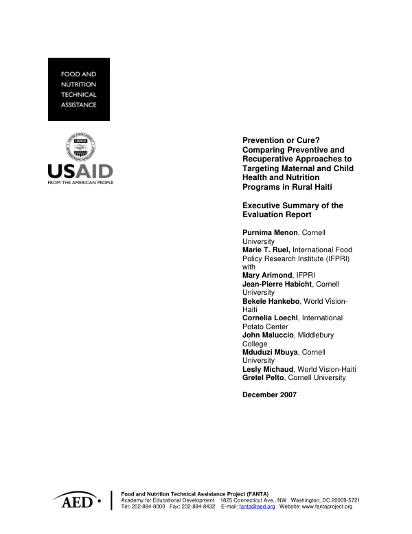 Prevention or cure? : comparing preventive and recuperative approaches to targeting maternal and child health and nutrition programs in rural Haiti -- executive summary of the evaluation report